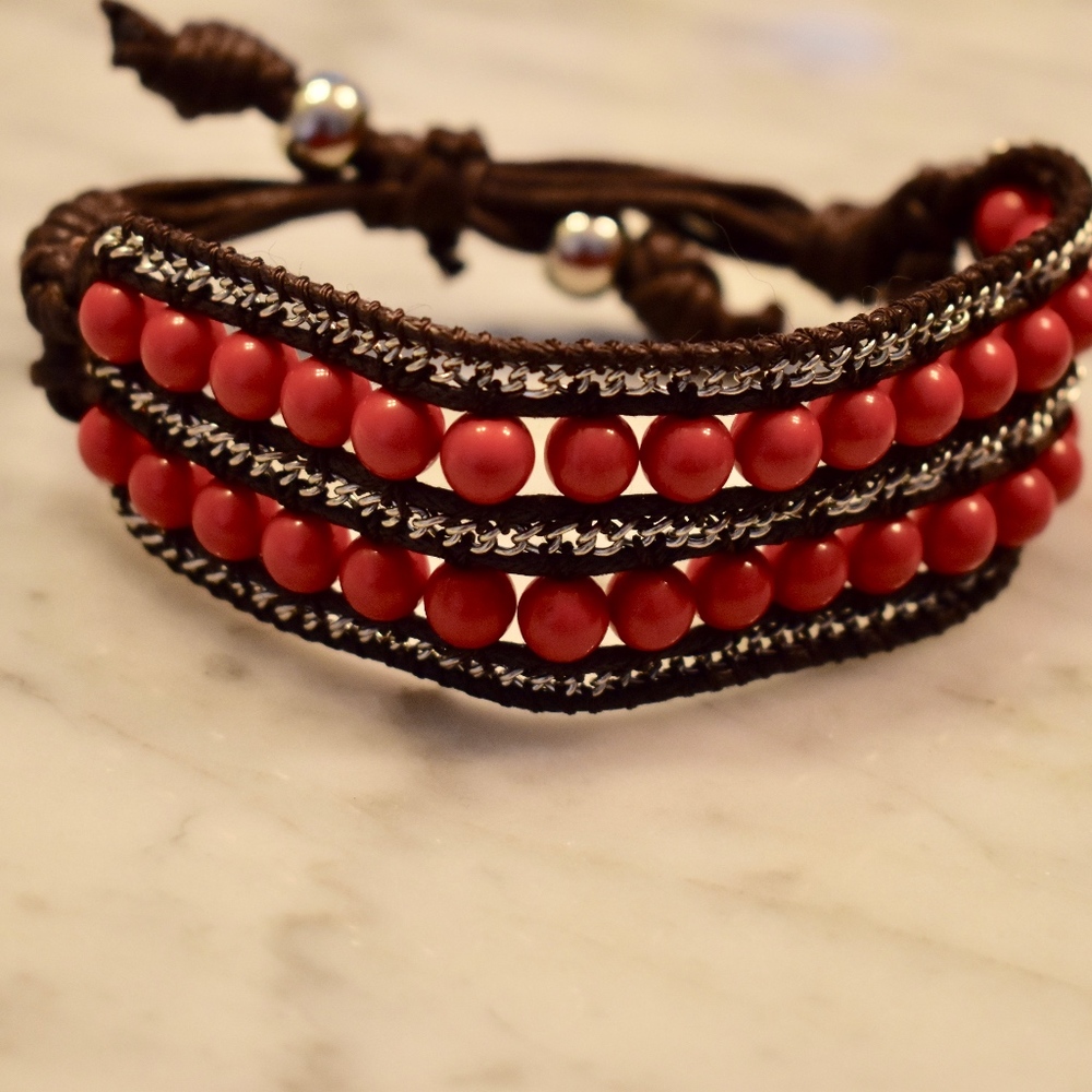 Orange-Red Beaded Brown Leather Cord Bracelet